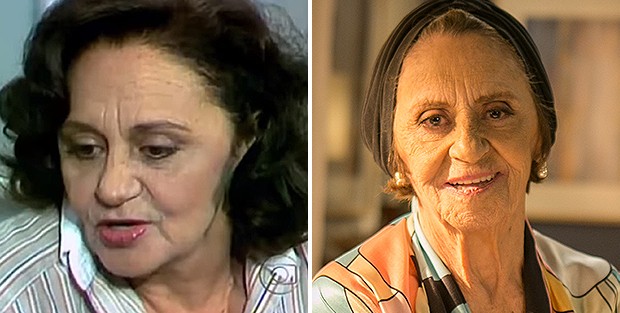 Laura Cardoso, como Marta, em Fera Radical (Globo, 1988), e com visual atual, aos 92 anos, em 2020 (Foto: Nelson Di Rago; Raquel Cunha/ TV Globo)