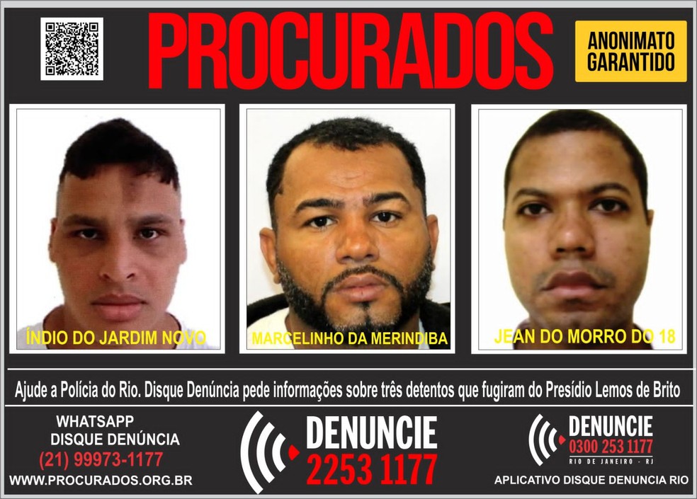 O Disque-denúncia divulgou cartaz com fotos dos três fugitivos do Complexo de Gericinó, na madrugada deste domingo (29). — Foto: Reprodução