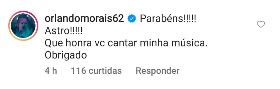 Cantor e compositor Orlando Morais parabenizou o cearense vencedor do The Voice 2021. — Foto: Reprodução/ Redes Sociais
