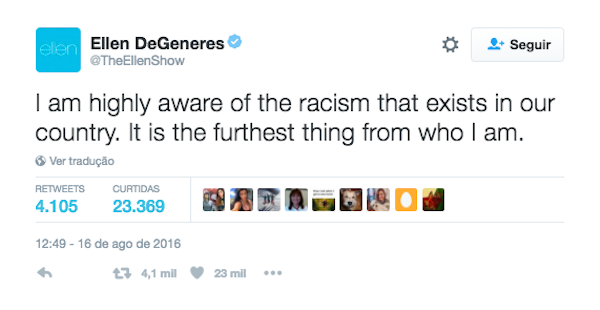 A resposta da apresentadora Ellen DeGeneres às acusações de racismo recebidas por ela (Foto: Twitter)