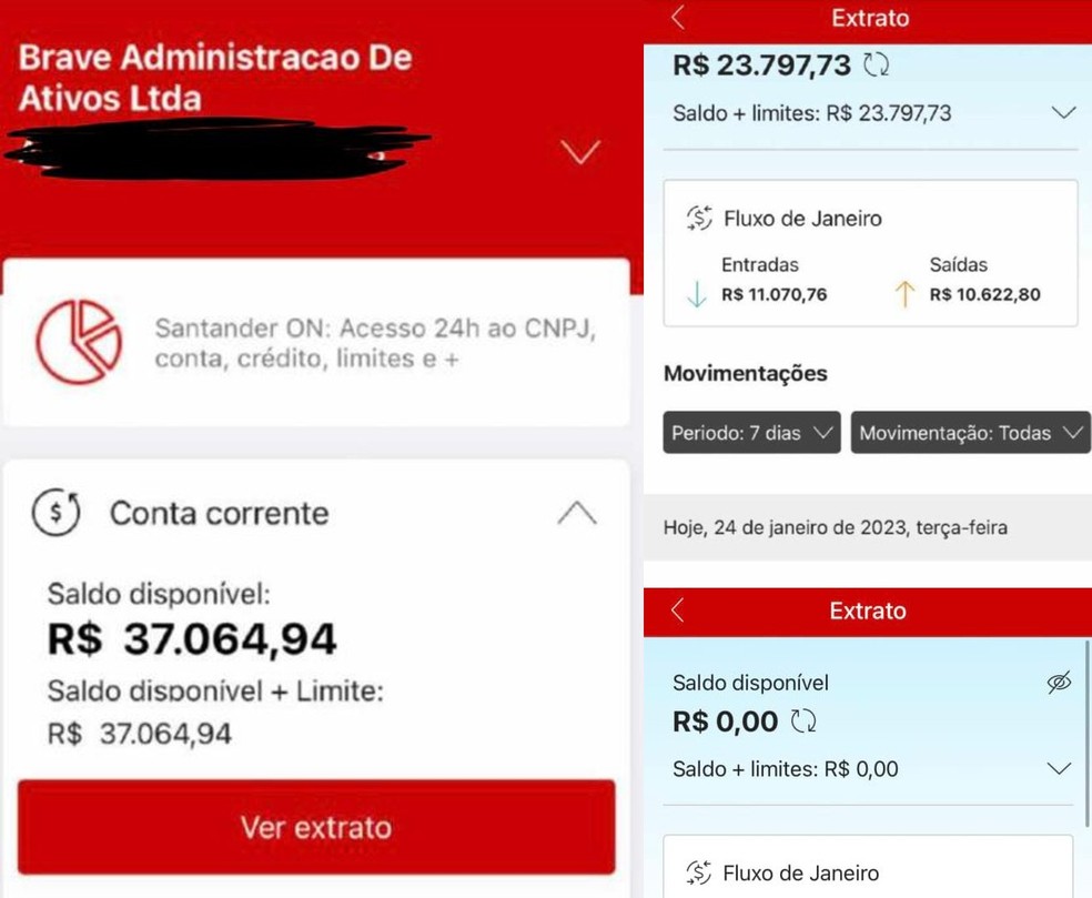 Saldo bancário foi diminuindo diariamente.  — Foto: Reprodução
