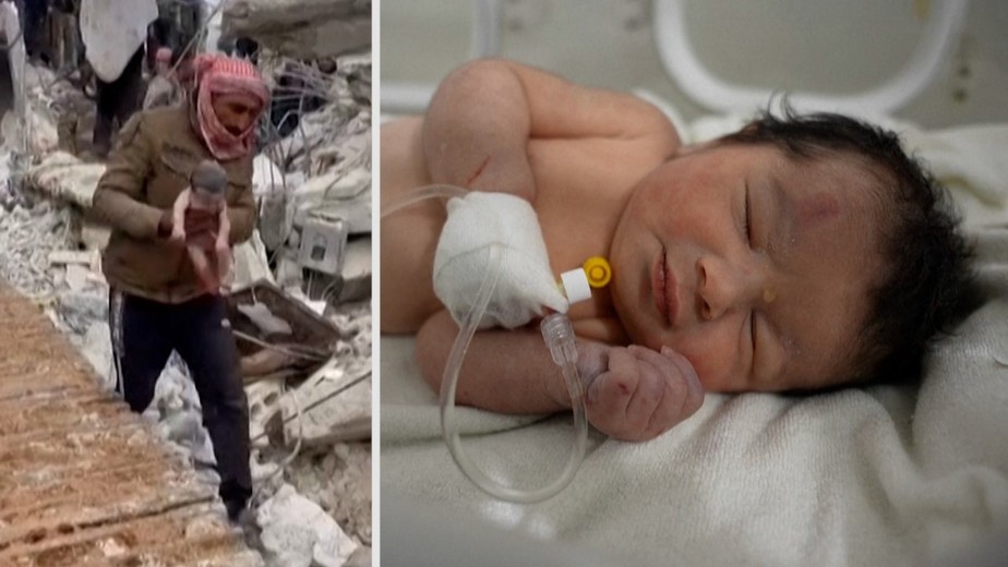 Recém-nascida sendo resgatada dos escombros do terremoto em Jandaris, na Síria