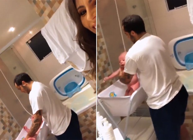 Andressa Ferreira registra Thammy Miranda dando banho em Bento (Foto: Reprodução / Instagram)
