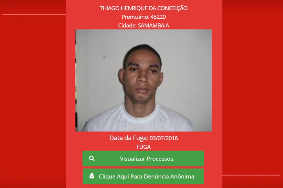 Thiago Henrique da Conceição é o foragido há mais tempo dos presídios do DF — Foto: Seape-DF/Reprodução