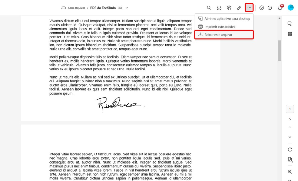 Adobe Sign permite baixar o arquivo assinado — Foto: Reprodução/Rodrigo Fernandes