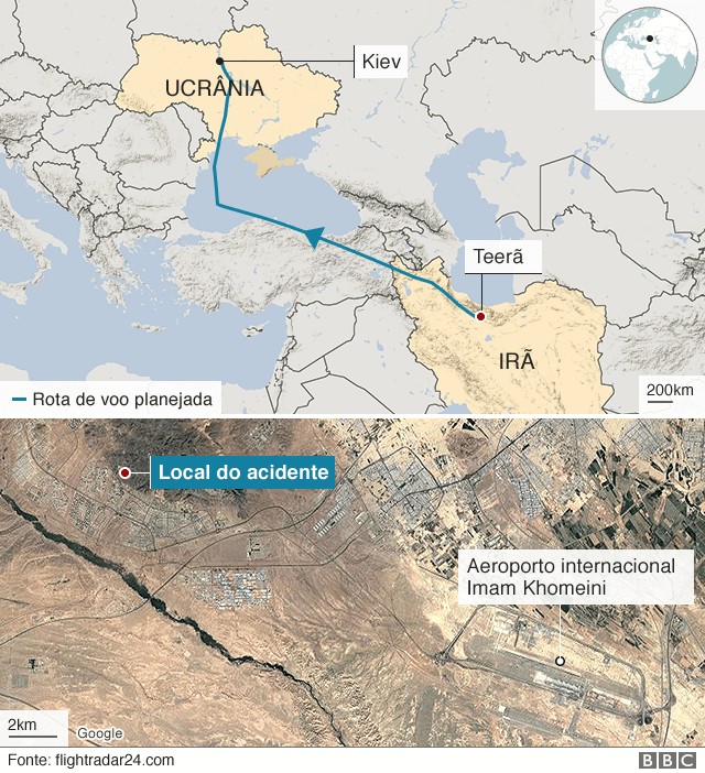 Infográfico da queda do avião ucraniano no Irã (Foto: BBC)
