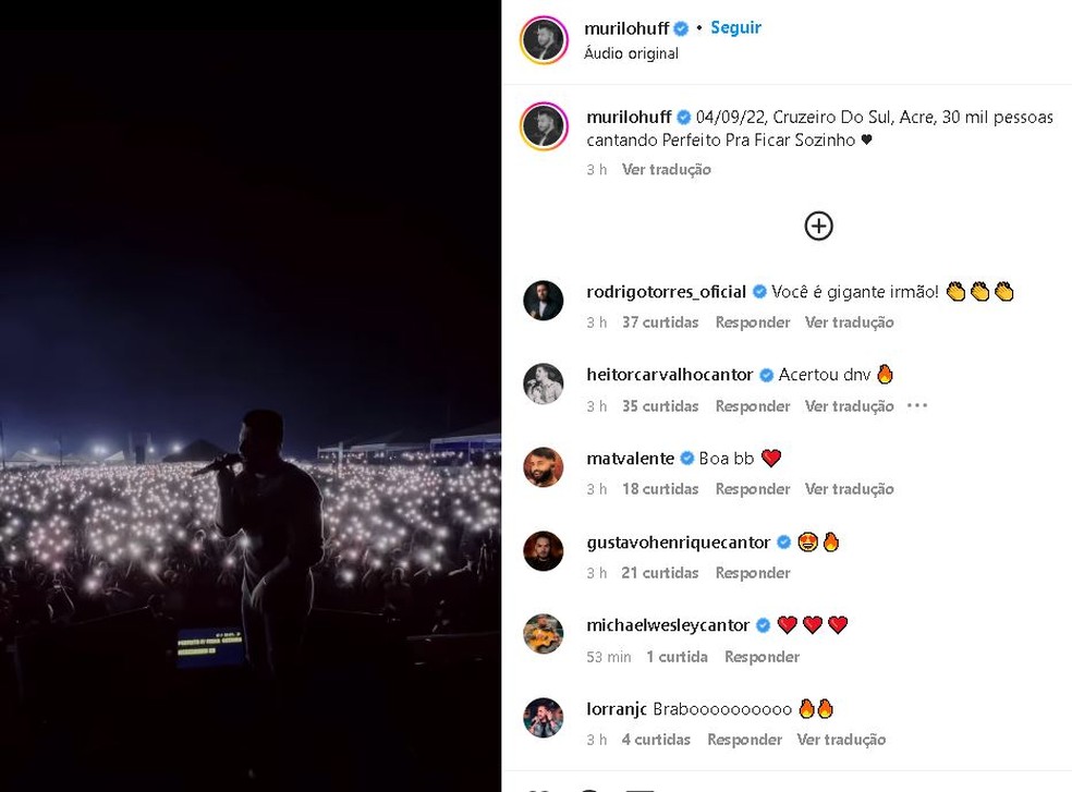 Murilo usou as redes sociais para agradece público de Cruzeiro do Sul, no interior do Acre — Foto: Reprodução/Instagram 