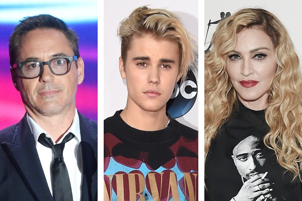 Robert Downey Jr., Justin Bieber e Madonna (Foto: Getty Images)