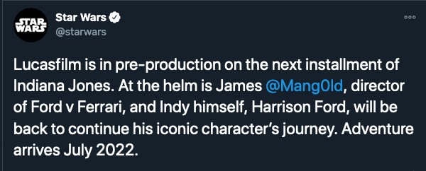 O tuíte anunciando a pré-produção do quinto filme da franquia Indiana Jones (Foto: Twitter)