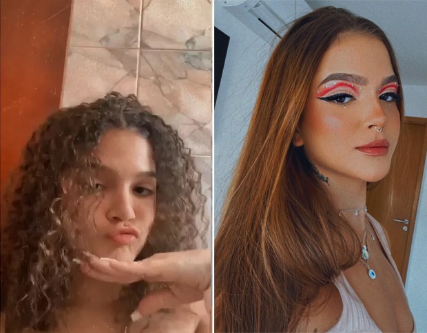 Mel Maia em fevereiro de 2020, com os cabelos totalmente cacheados, e recentemente, em 2022, com os fios lisos (Foto: Reprodução / Instagram)