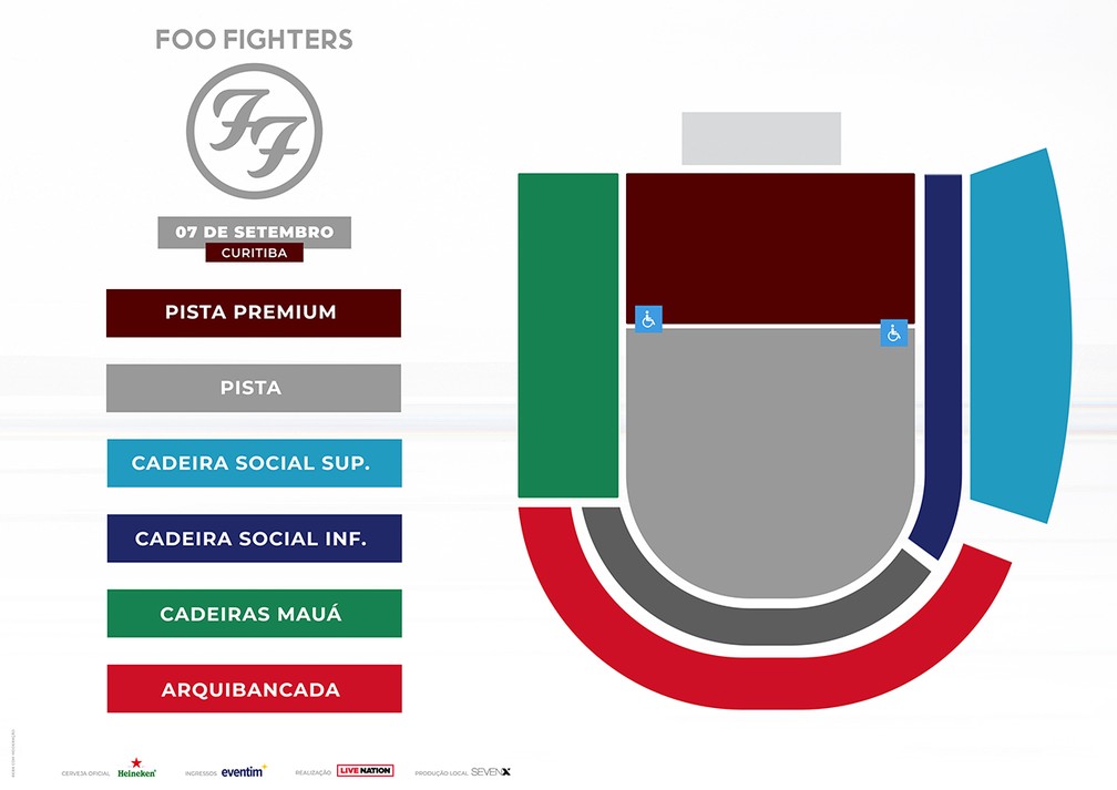Mapa dos assentos do show do Foo Fighters em Curitiba &mdash; Foto: Reprodu&ccedil;&atilde;o/Eventim