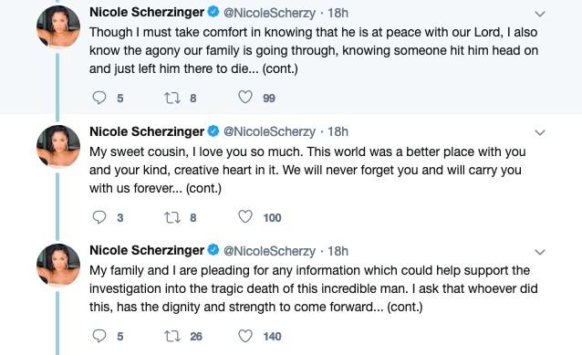 Os tuítes de Nicole Scherzinger lamentando a morte do primo dela (Foto: Twitter)