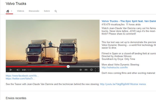 Vídeo da Volvo com Van Damme teve mais de 400 mil visualizações em 11 horas (Foto: Reprodução)