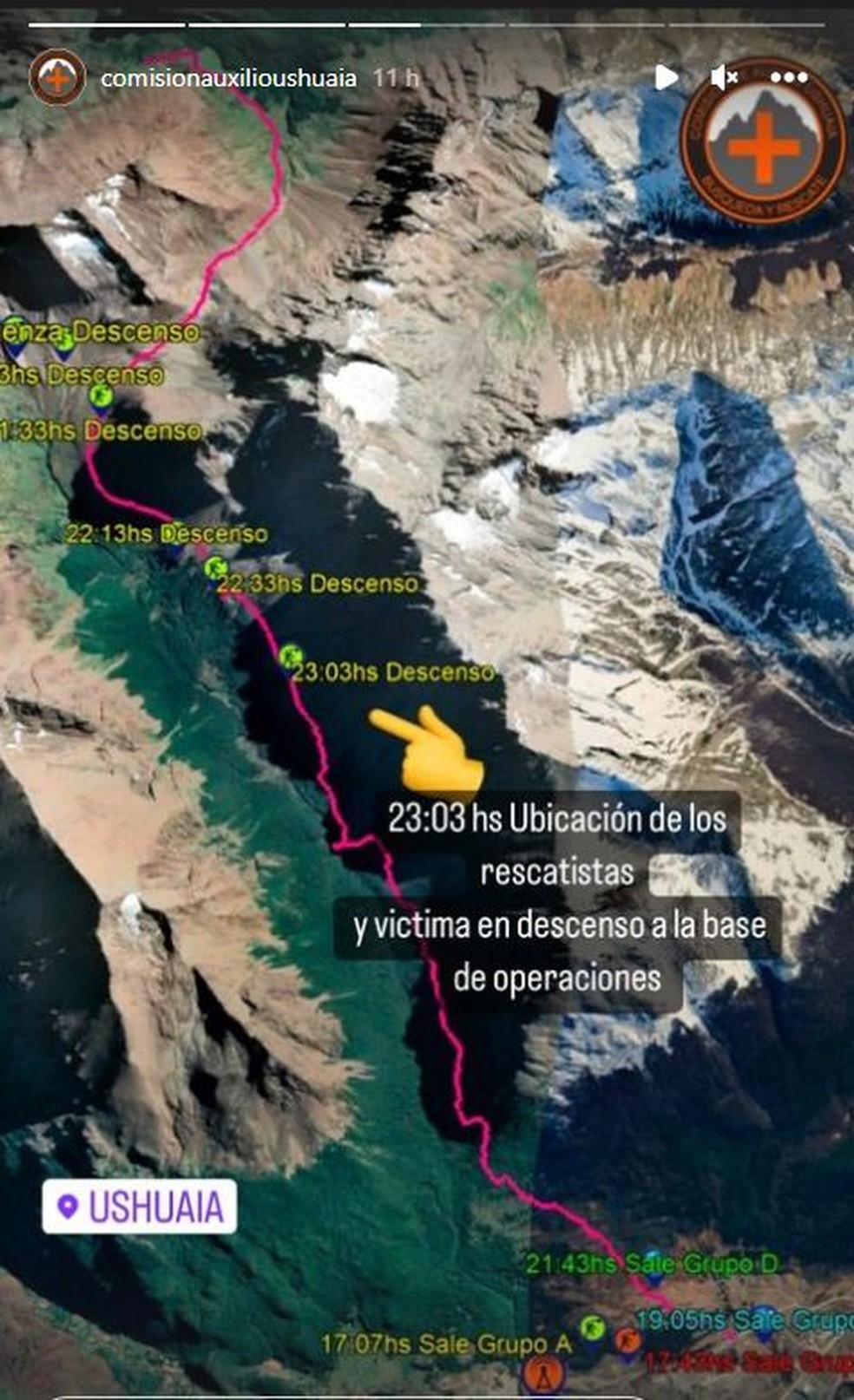 Mapa mostra trajeto feito pela equipe de resgates após acidente que matou um turista brasileiro em Ushuaia, na Argentina — Foto: Comisión de Auxilio UshuIa/Instagram