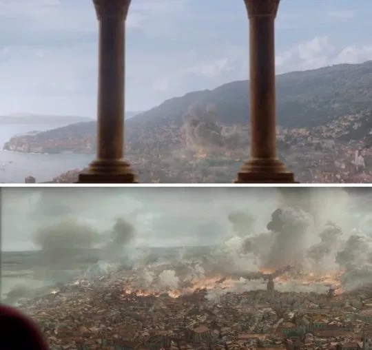 Fã compara a paisagem de Porto Real, cidade fictícia de Game of Thrones, no décimo episódio da sexta temporada e no quinto episódio da oitava temporada (Foto: reprodução)