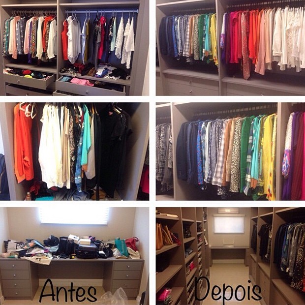 Guarda-roupa: Cabides idênticos e roupas distribuídas por cores ajudam na organização (Foto: Reprodução/Instagram)