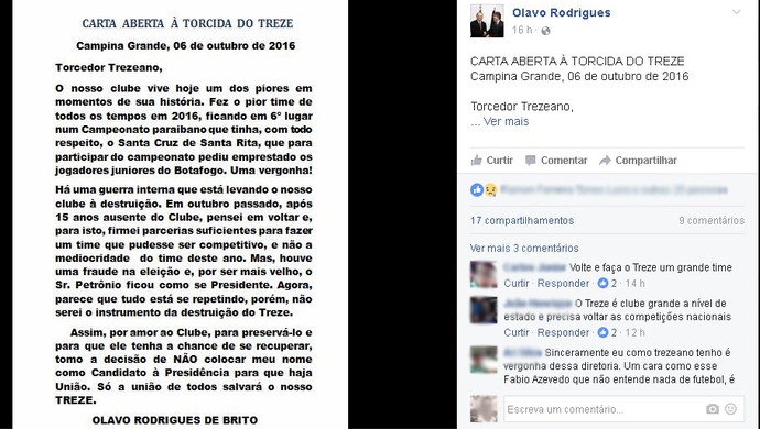 Olavo Rodrigues, carta aberta, Treze, eleições (Foto: Divulgação / Facebook)