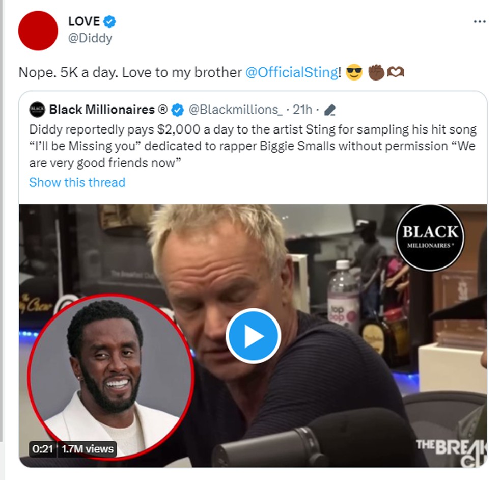 Rapper Diddy paga R$ 25 mil por dia para Sting por royalties de sample