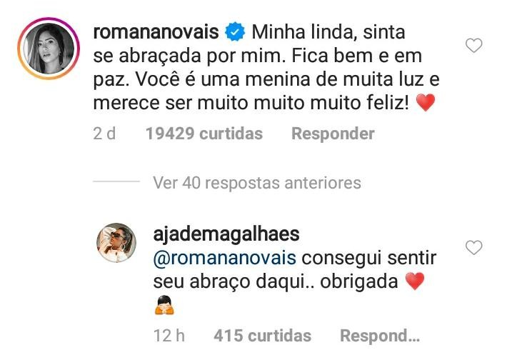 Jade Magalhães agradece apoio de Romana Novais (Foto: Reprodução / Instagram)