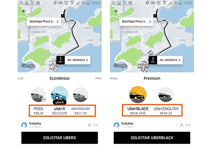 Veja a estimativa de preço no Uber antes de solicitar o carro (Foto: Reprodução/Barbara Mannara)