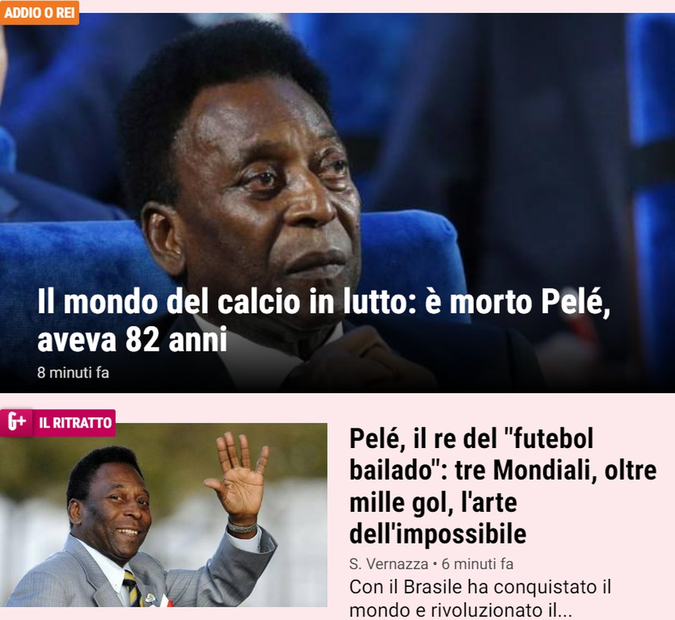 Gazzetta dello Sport sobre morte de Rei: "Pelé, o rei do 'futebol dançado'. Três Copas do Mundo, mais de mil gols, a arte do impossível" — Foto: Reprodução