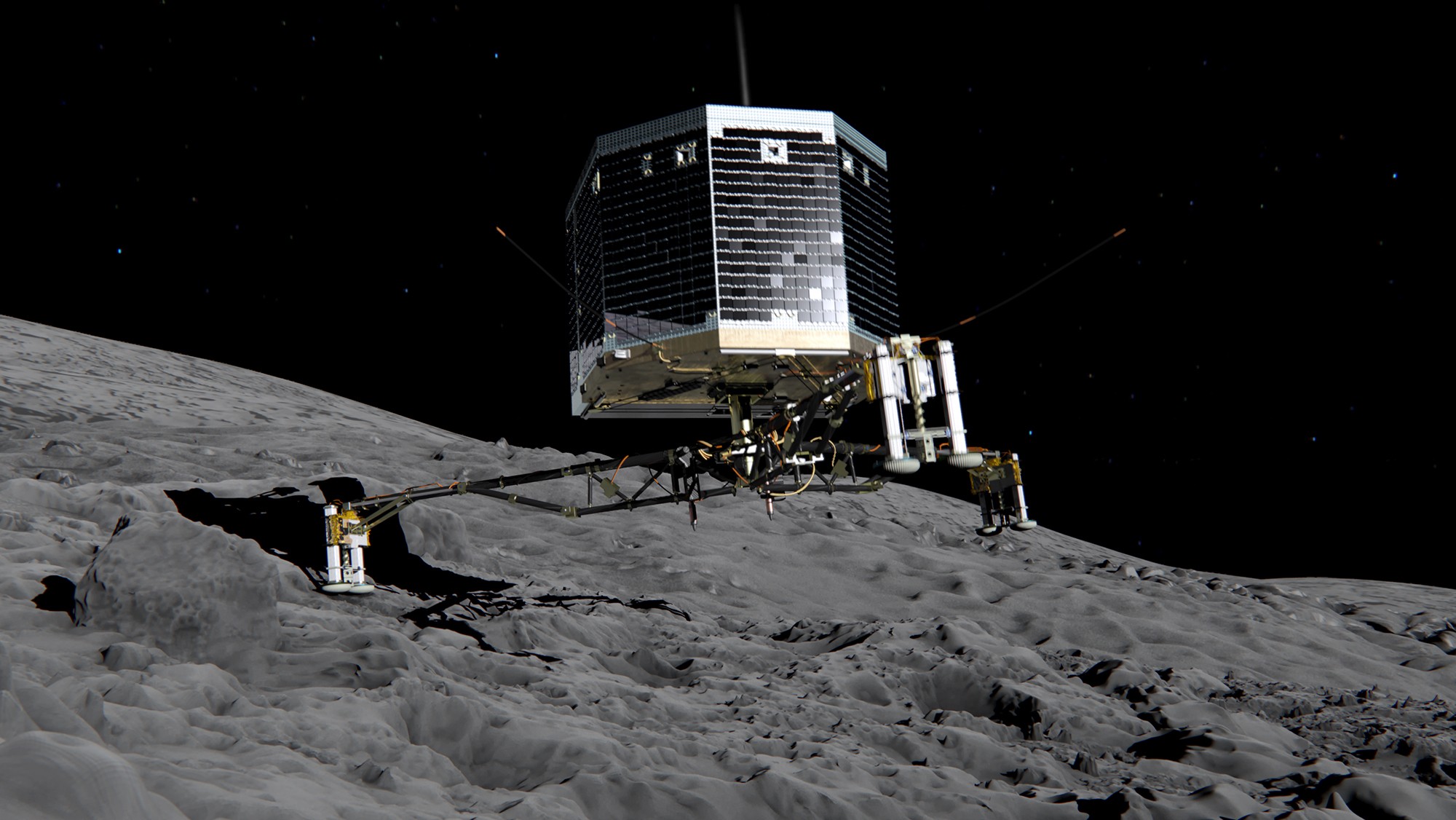 Ilustração simula momento em que Philae tocou o solo rochoso do cometa (Foto: ESA/ATG medialab)