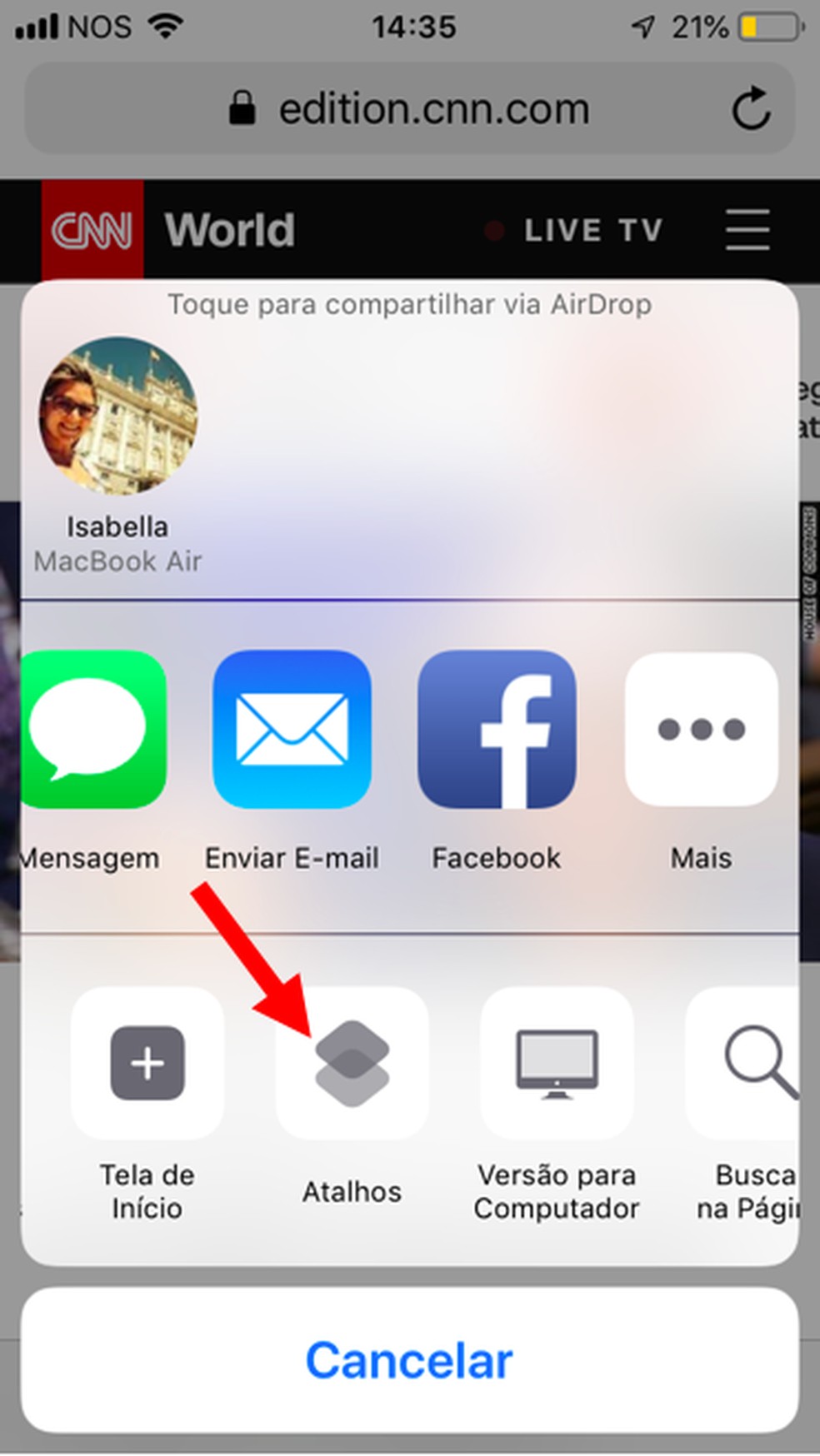 Selecione o app "Atalhos" para ter acesso à função — Foto: Reprodução/ Isabella Rocha  