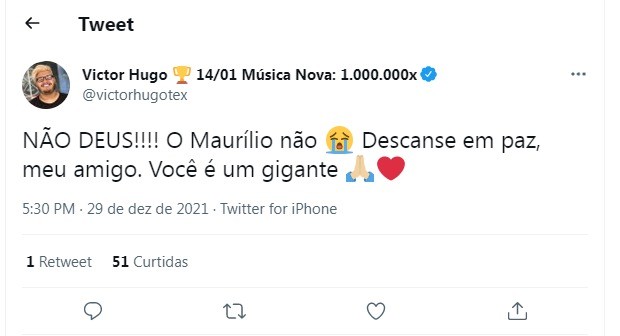 Victor Hugo lamenta morte do sertanejo Maurílio (Foto: Reprodução/Twitter)