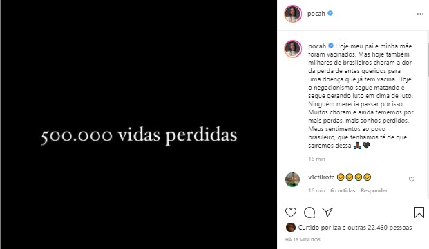 Pocah lamenta 500 mil mortos por Covid (Foto: Reprodução/Instagram)