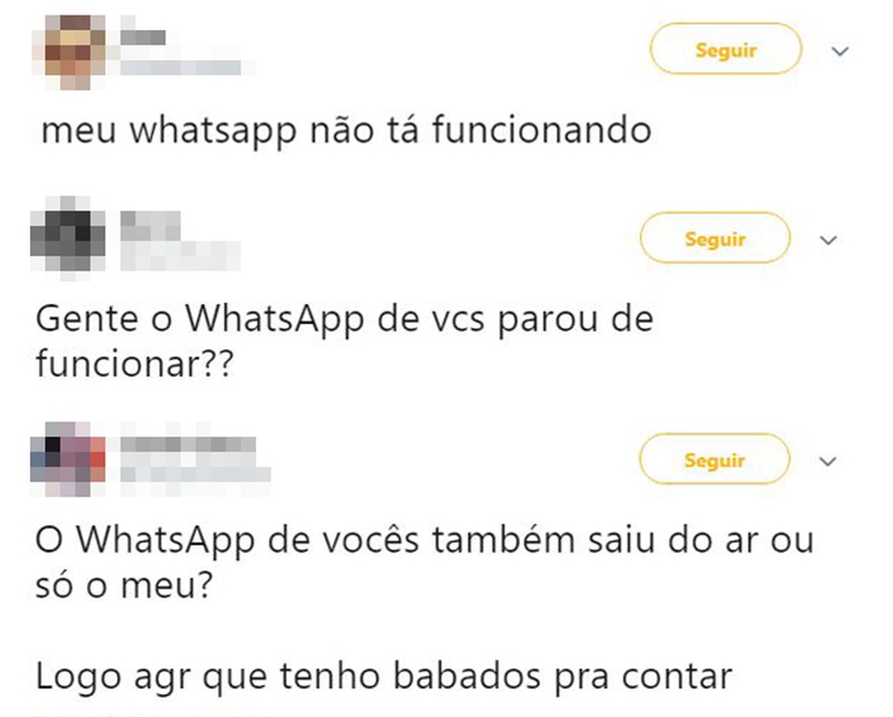 Usuários reclamam sobre queda do WhatsApp no Twitter — Foto: Reprodução/Twitter