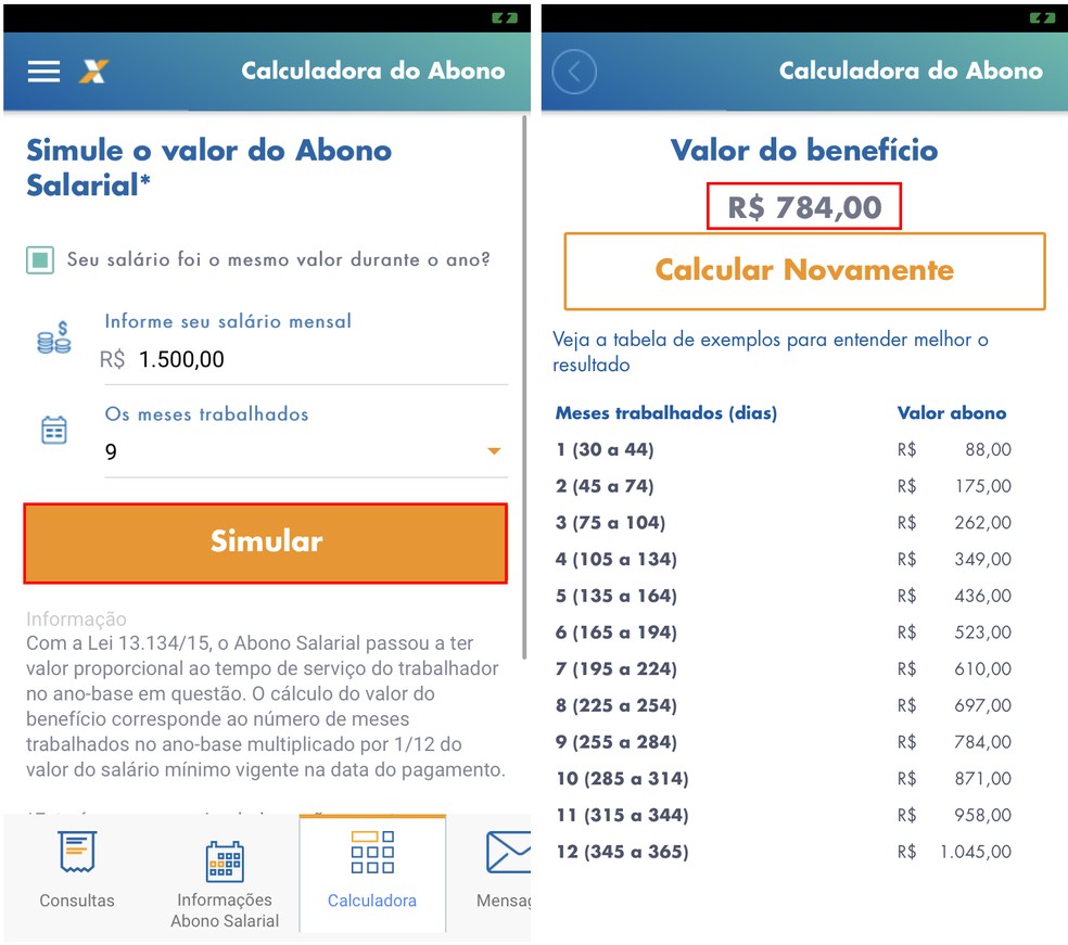 Caixa Trabalhador tem calculadora que faz simulação do valor do Abono Salarial — Foto: Reprodução/Rodrigo Fernandes