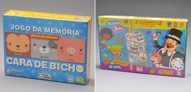 À esquerda, jogo da memória Cara de Bicho, da Pais e Filhos (R$ 17,90) e, à direita, kit de pintura Mundo Bita, da Nig Brinquedos (R$ 69,90) na Alô Bebe (Foto: Divulgação)