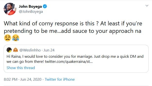 John Boyega respondendo ao boato de que teria aceitado pedido de casamento de uma fã (Foto: Twitter)