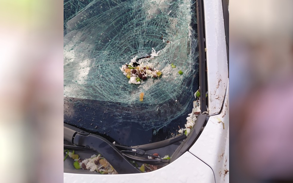 Marmita das irmãs atropeladas ficou espalhada no vidro do carro, em Luziânia — Foto: Reprodução/TV Anhanguera