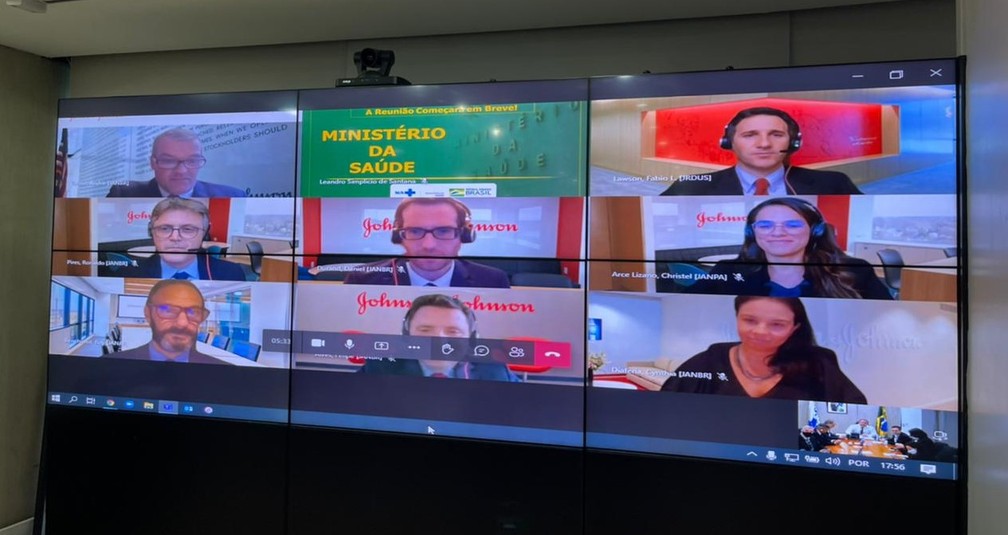 Representantes da Janssen em encontro por videoconferência com dirigentes do Ministério da Saúde — Foto: Divulgação