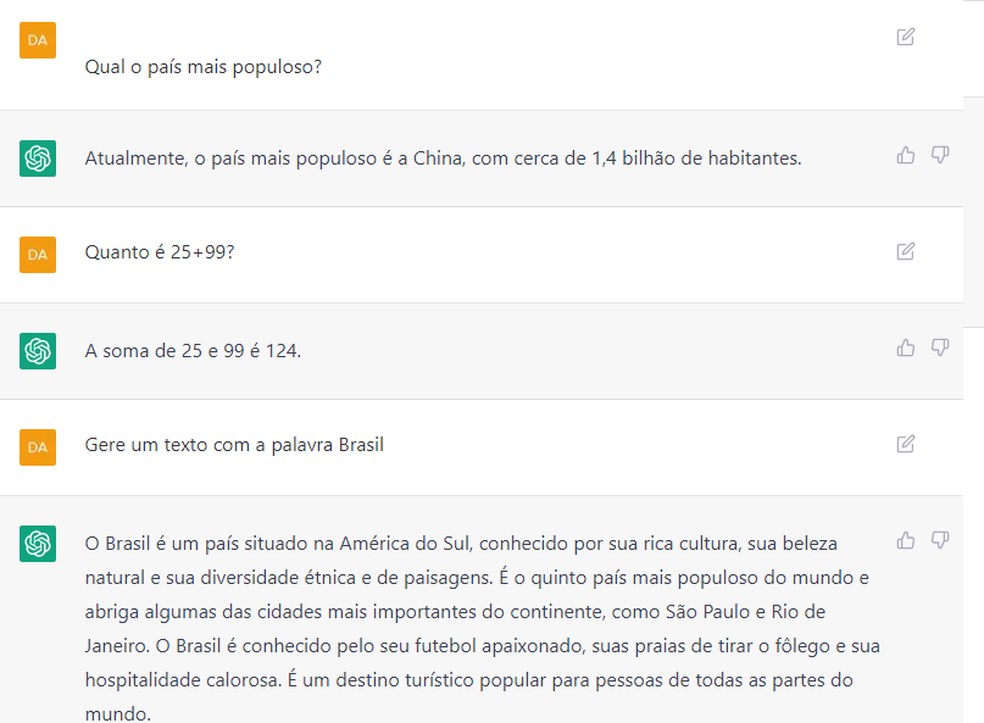 ChatGPT responde a perguntas de assuntos variados, faz contas e cria textos — Foto: Reprodução