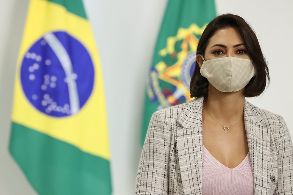 Primeira-dama Michelle Bolsonaro durante posse do Secretário Nacional de Justiça  — Foto: Marcos Corrêa/PR