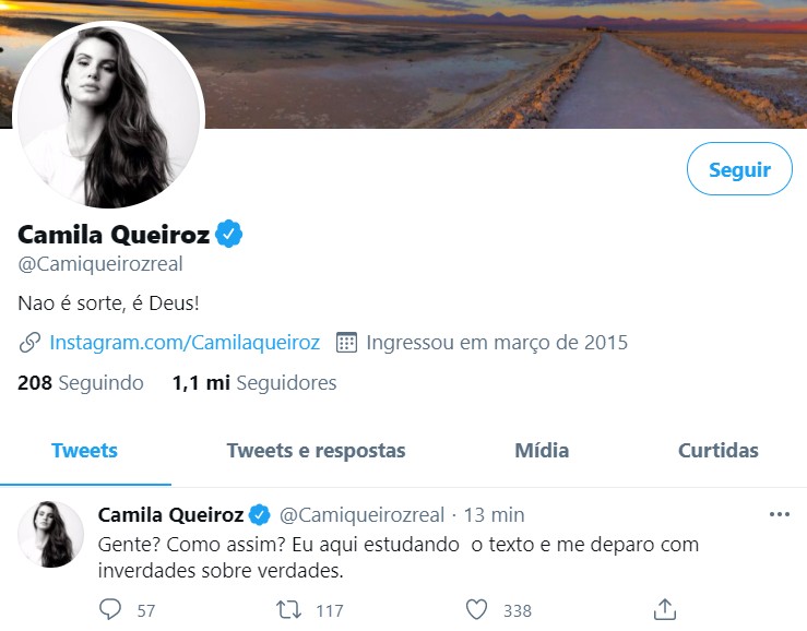 Camila Queiroz se pronuncia no Twitter (Foto: Reprodução/Twitter)