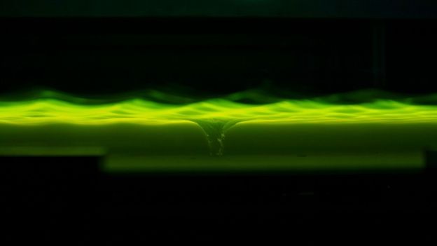 Pesquisadores misturaram água a corante verde fluorescente para observar movimento, alterações na velocidade e tamanho das ondas (Foto: SILKE WEINFURTNER/UNIVERSIDADE DE NOTTINGHAM via BBC)
