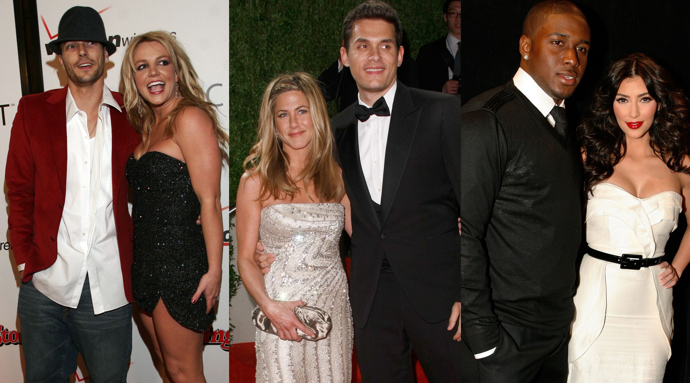 Britney Spears e Kevin Federline, Jennifer Aniston e John Mayer, Reggie Bush e Kim Kardashian (Foto: Getty Images)