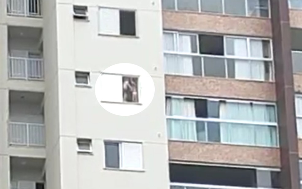 Duas crianças ficam em pé e forçam rede de proteção de janela de apartamento em Goiânia, Goiás — Foto: Reprodução/TV Anhanguera
