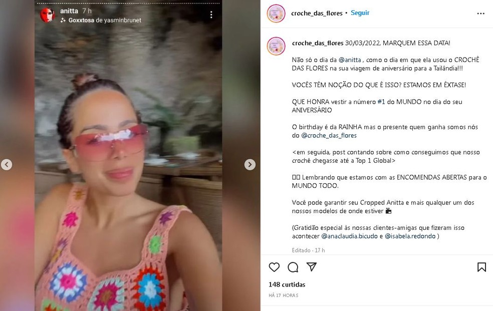 Anitta usa cropped feito por artesã bauruense no dia de seu aniversário — Foto: Reprodução/Instagram