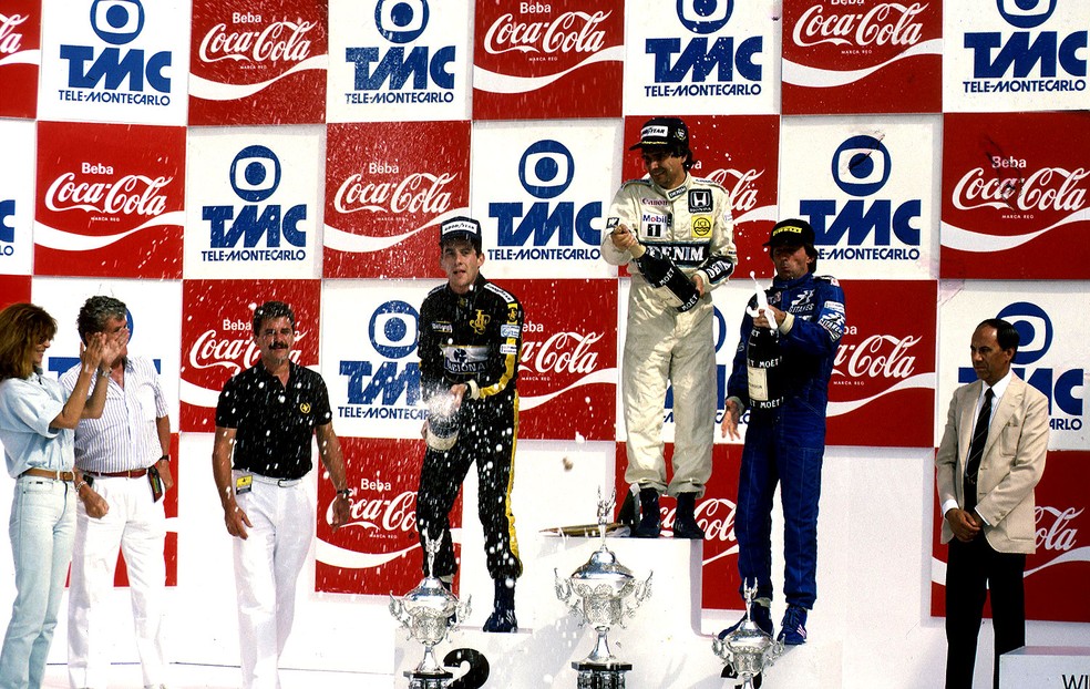Ayrton Senna Jacques Laffite  e Nelson Piquet pódio GP do RIo de Janeiro 1986 — Foto: Divulgação / Williams F1 