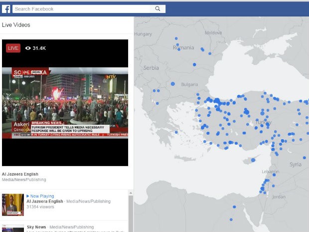 Mapa do Facebook mostra locias onde estão sendo feitas transmissões ao vivo de multidão nas ruas da Turquia (Foto: Reprodução/Facebook)