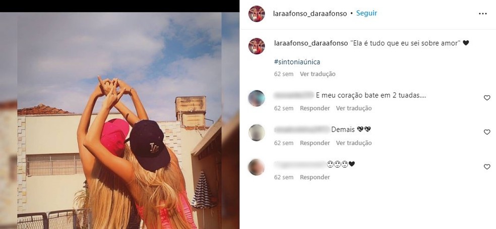 Lara e Dara faziam declarações uma para a outra — Foto: Reprodução/Instagram