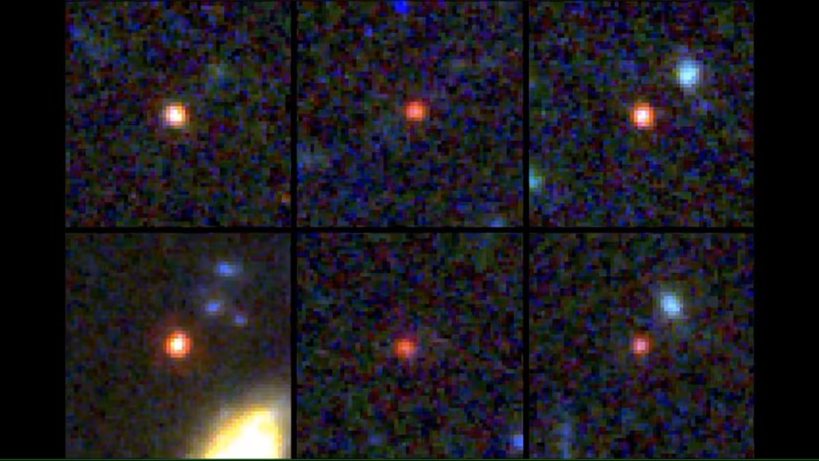 Imagens de seis candidatadas a galáxias massivas tiradas pelo telescópio James Webb