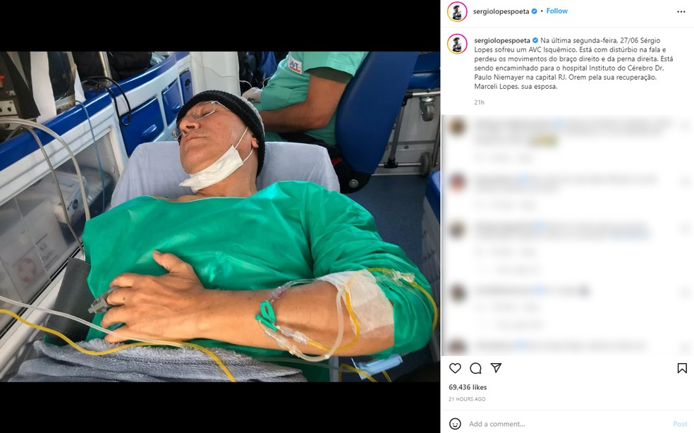 Família afirma pelas redes sociais que cantor gospel Sérgio Lopes sofreu um AVC isquêmico — Foto: Reprodução/ Instagram