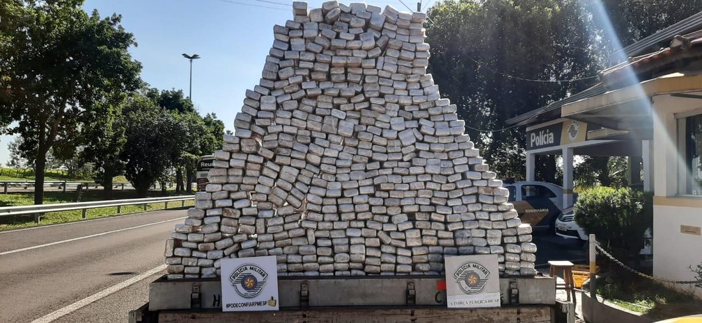 Foram apreendidos 571 quilos de maconha em Castilho â€” Foto: DivulgaÃ§Ã£o/PolÃ­cia RodoviÃ¡ria Estadual
