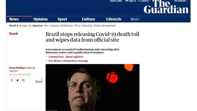 Jornal britânico The Guardian disse que governo brasileiro foi acusado de `totalitarismo e censura` ao mudar metodologia de números de covid-19 (Foto: Reprodução/Guardian)