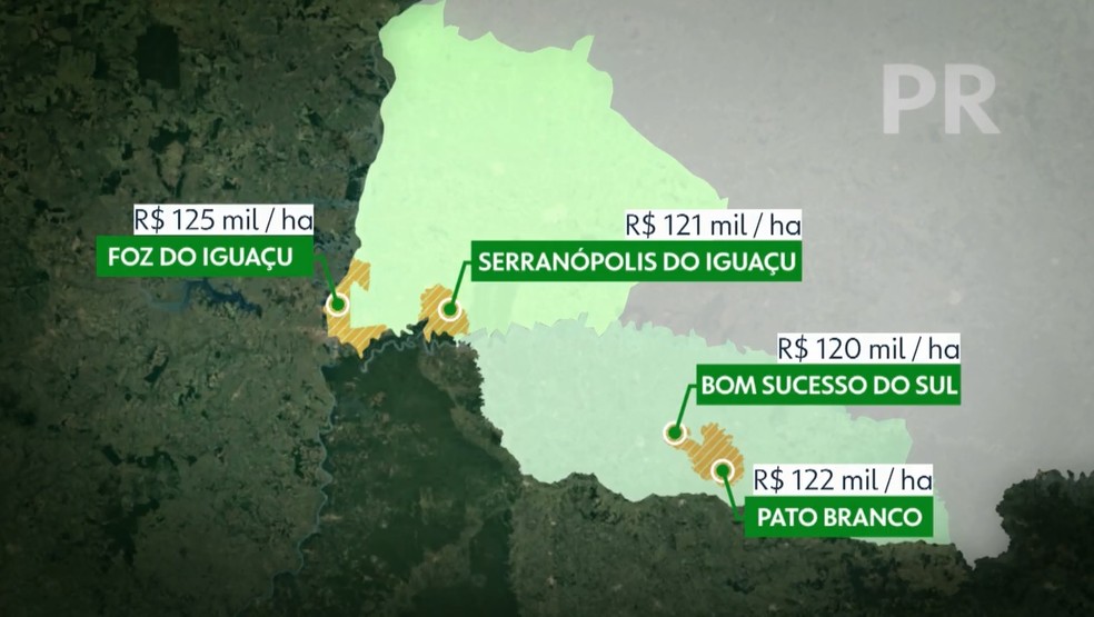 Ao analisar região por região, segundo o levantamento, o oeste e o sudoeste do Paraná têm hoje o maior preço médio por hectare no estado — Foto: RPC/Reprodução